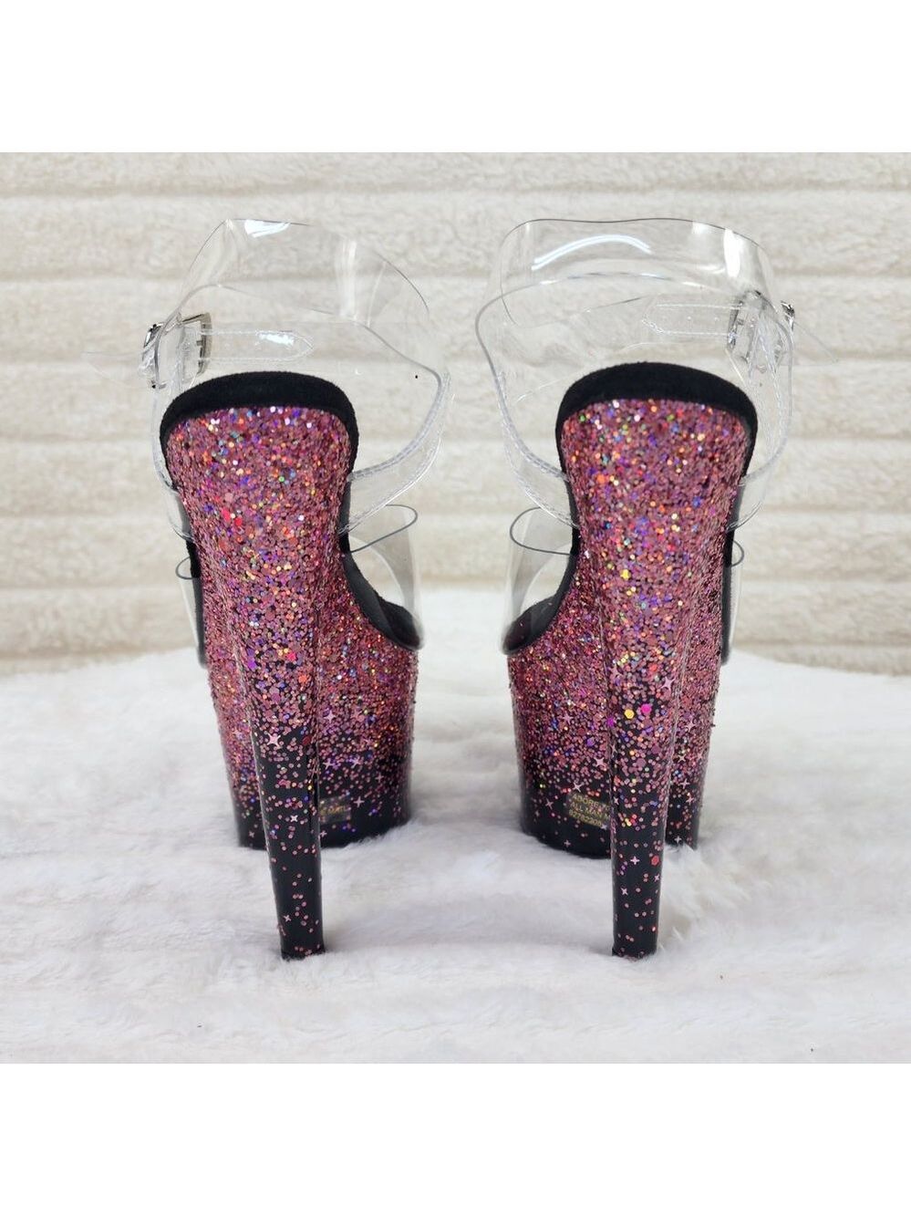 Adore 708SS Pink Hologram Glitter Ombre Platform Ankle Strap Platform 7" Heels - Picture 9 of 12